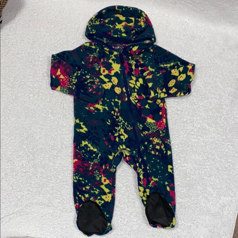 LL Bean multicolor hooded fold over hands bunting  one piece fleece 3/6m